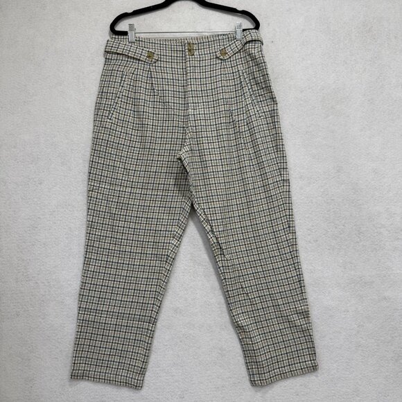 Sundance Pants Womens 10 Beige Blue Plaid Linen Blend Pleated High Rise Tapered - Picture 1 of 9